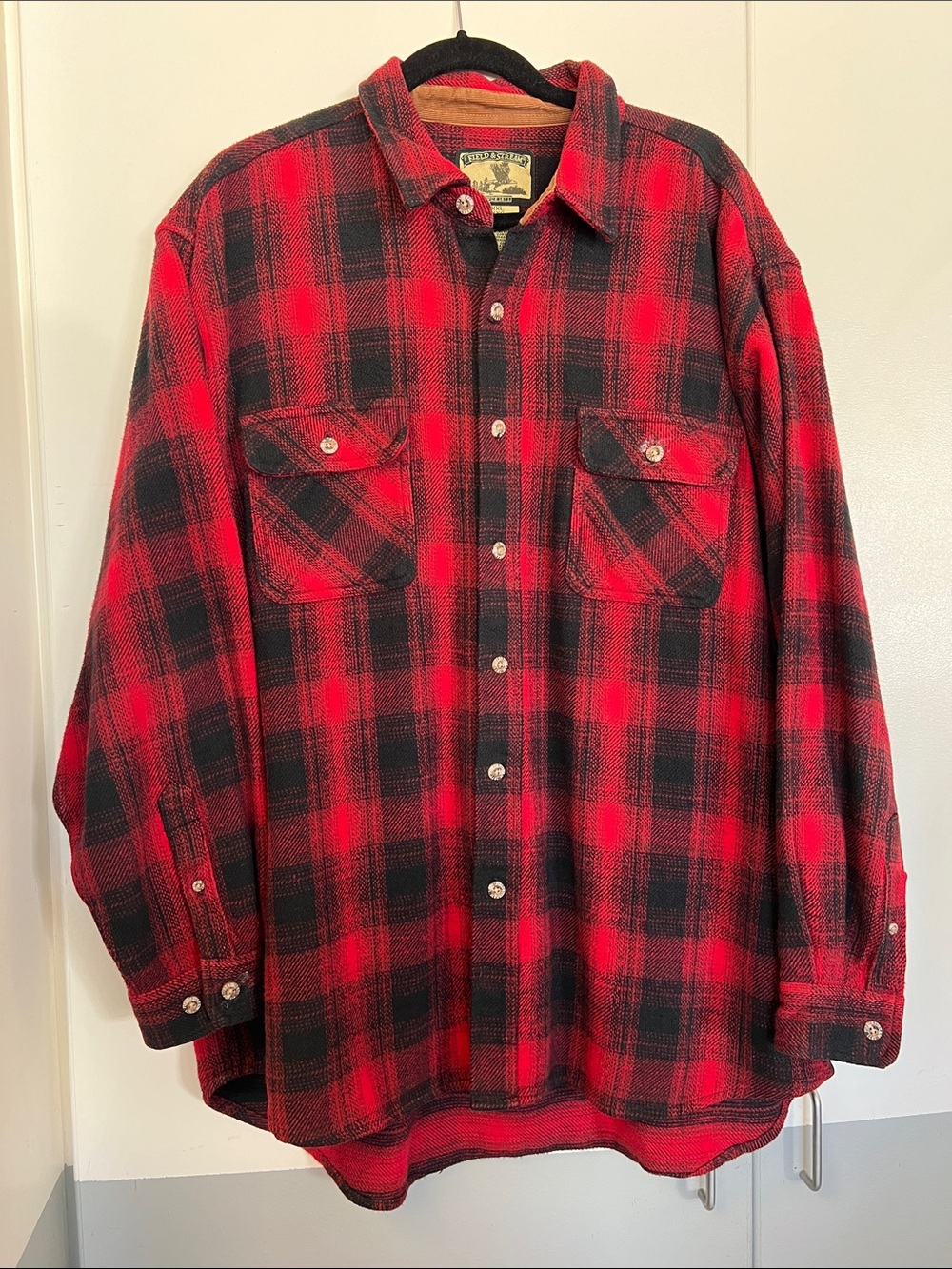 Field & Stream Red and Black Plaid Button-Down Flannel Shirt Classic XXL Men